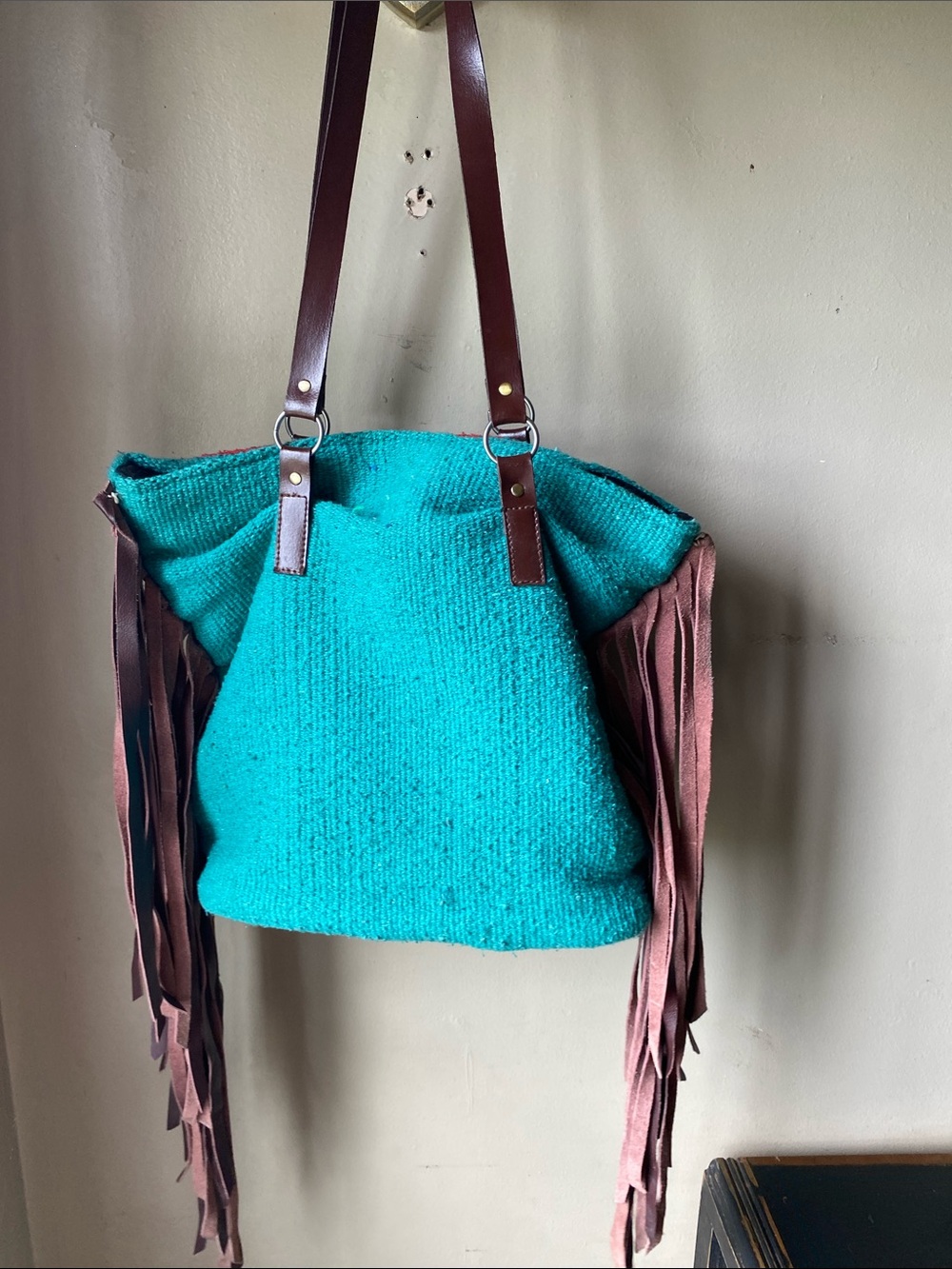 Turquoise Southwestern Fringe Tote Bag - Picture 3 of 3